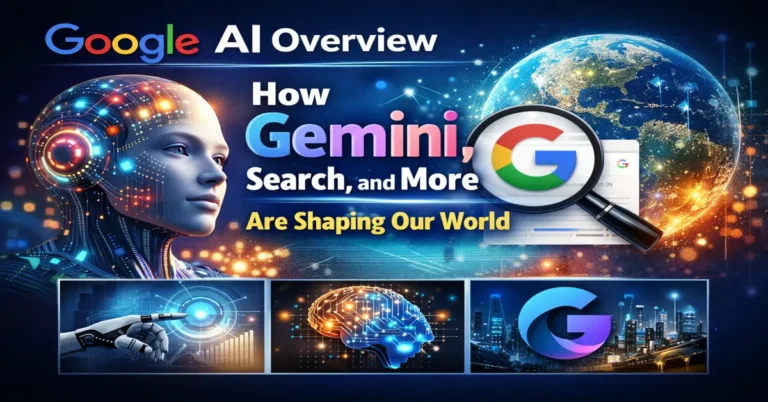 Google AI Overview poster showing Gemini AI, Google Search, artificial intelligence technology, and global digital transformation