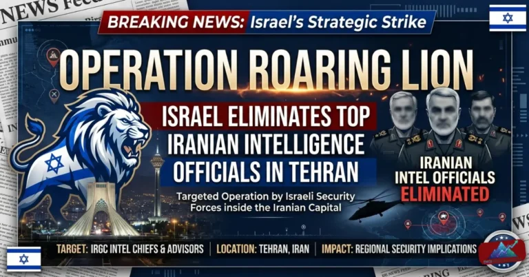 News poster for Operation Roaring Lion showing a lion symbol, Tehran skyline, and text regarding the elimination of Iranian intelligence officials by Israel.