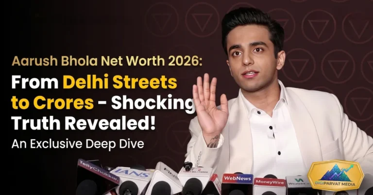 Aarush Bhola posing in a white suit at a press conference with multiple microphones, featuring text "Net Worth 2026: From Delhi Streets to Crores - Shocking Truth Revealed!"