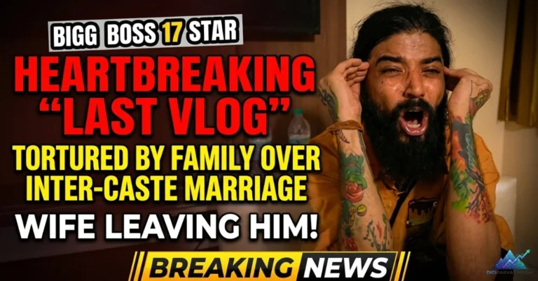 A heartbreaking image of Bigg Boss 17 star UK07 Rider (Anurag Dobhal) looking distressed, with text overlay discussing his "Last Vlog" regarding family torture over inter-caste marriage and his wife leaving.