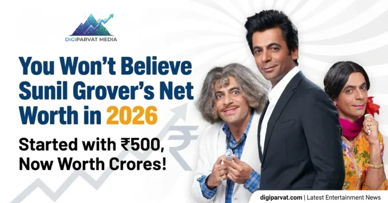 Poster of Sunil Grover in 2026 showing his transformation from a ₹500 salary to a multi-crore net worth, featuring his iconic characters Dr. Mashoor Gulati and Gutthi.