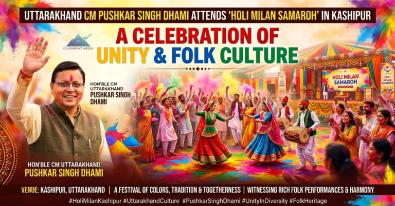Uttarakhand CM Pushkar Singh Dhami celebrating Holi Milan Samaroh in Kashipur with local residents and folk dancers in traditional attire.
