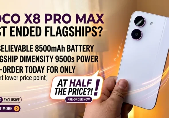 Promotional poster for the Poco X8 Pro Max featuring a sleek white smartphone with a dual-camera setup, highlighting key specs: 8500mAh battery, MediaTek Dimensity 9500s processor, and a competitive price point, set against a dynamic orange and purple tech-themed background.