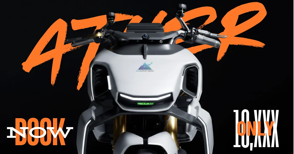 Ather Redux electric scooter with flax-based eco-friendly body, electric vehicle concept showcasing sustainability, EV scooter with renewable energy background, flax clad electric scooter promoting green mobility, future electric vehicle design focused on sustainability