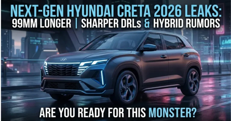 Side profile of the 2026 Next-Gen Hyundai Creta in matte titan grey featuring sharp pixelated LED DRLs, a longer 99mm wheelbase, and a futuristic boxy SUV design on a neon-lit urban street.
