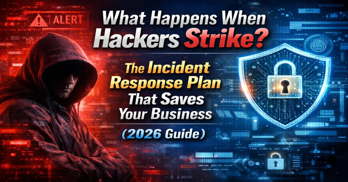 What happens when hackers strike incident response plan cyber security illustration showing hacker and digital security shield 2026 guide