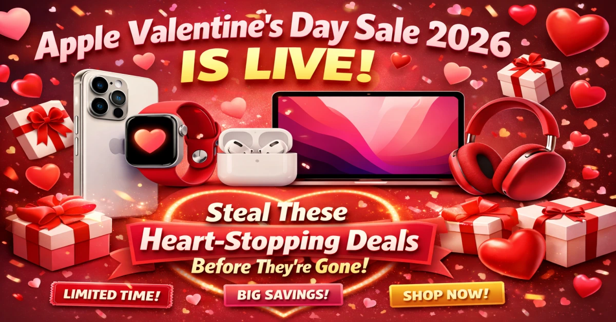 Apple Valentine’s Day Sale 2026 poster showing iPhone MacBook AirPods and Apple Watch with heart themed discounts, Apple Valentine sale banner with limited time deals, Apple products Valentine offers graphic for blog