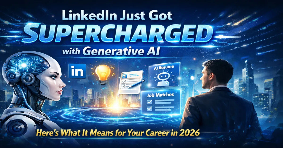LinkedIn generative AI update 2026 career growth illustration, AI powered LinkedIn features for jobs and resumes, future of careers with LinkedIn AI tools, professional using LinkedIn generative AI technology, LinkedIn AI job matching and resume optimization graphic
