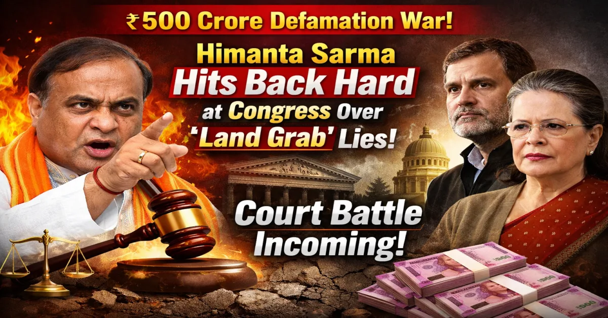 Himanta Sarma reacts strongly amid ₹500 crore defamation case against Congress over alleged land grab accusations, Himanta Sarma pointing finger with court gavel, Congress leaders in legal battle background, Indian political defamation controversy poster