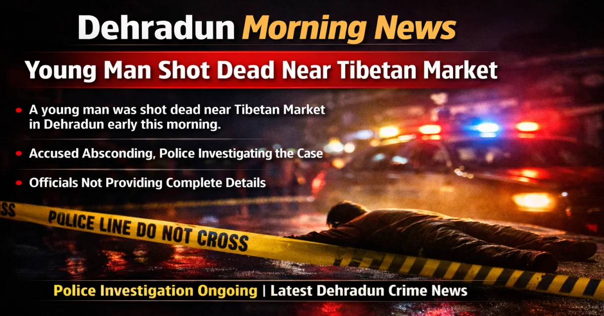 Dehradun morning news poster showing young man shot dead near Tibetan Market with police investigation ongoing