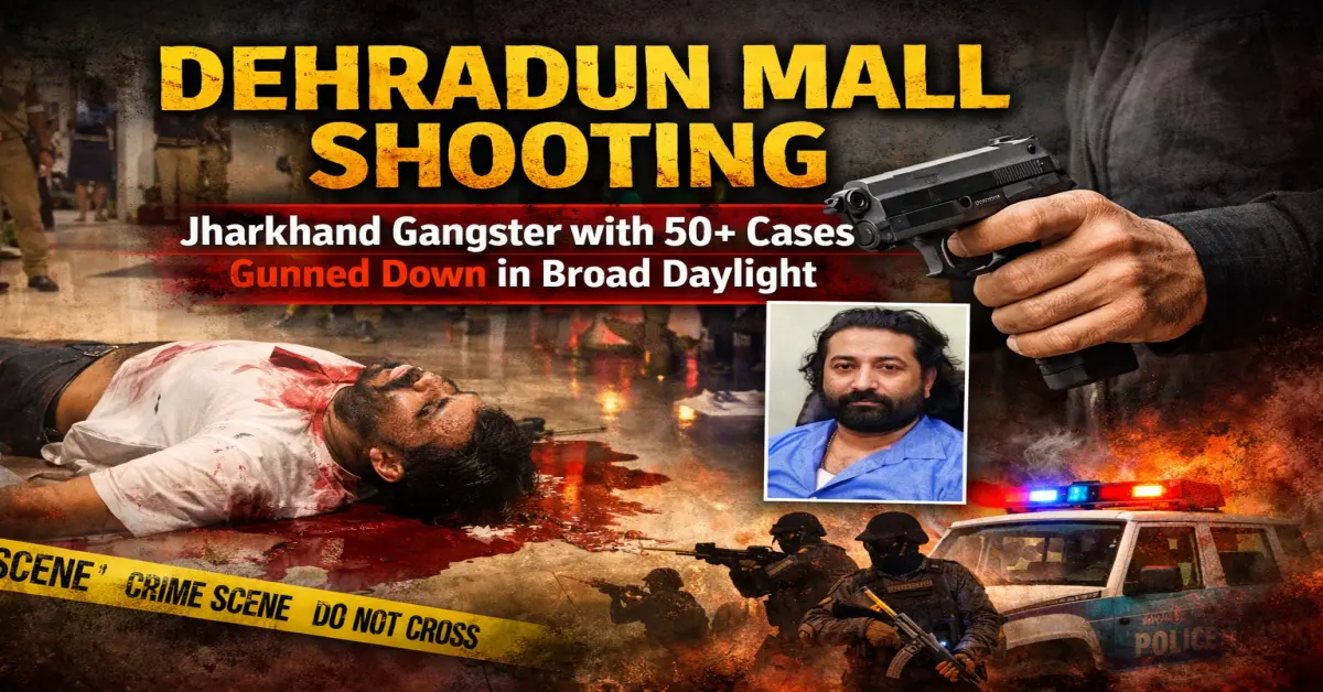 Dehradun mall shooting scene showing police action and photo of Jharkhand gangster killed in broad daylight