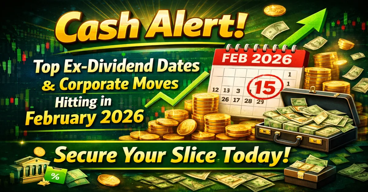 cash alert february 2026 ex dividend dates poster, february 2026 dividend stocks and corporate actions graphic, stock market dividend calendar feb 2026, investor cash alert ex dividend visual