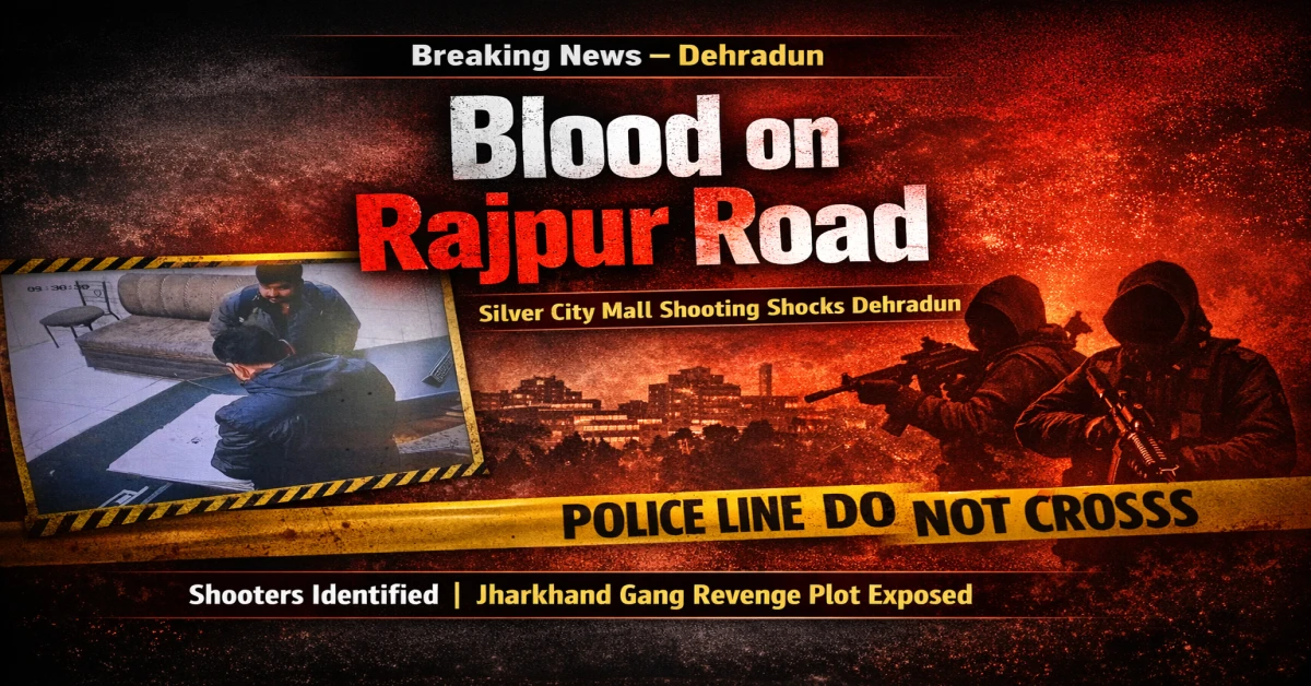 Blood on Rajpur Road Silver City Mall Dehradun shooting crime news poster with police investigation theme