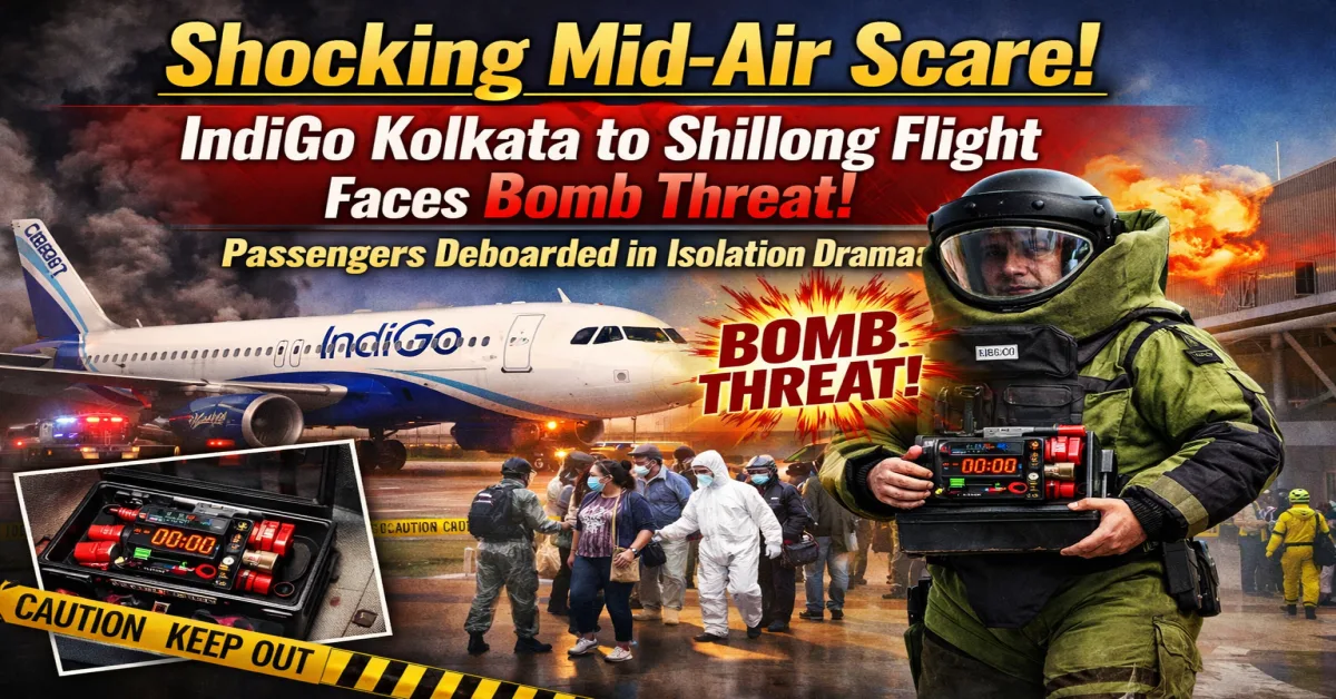 IndiGo flight bomb threat, Kolkata to Shillong IndiGo flight emergency, IndiGo aircraft bomb scare India, passengers deboarded after bomb threat, airport security isolation drama, IndiGo flight mid air scare
