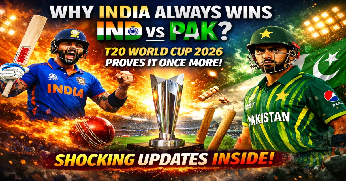 India vs Pakistan T20 World Cup 2026 match poster, India celebrates victory against Pakistan in T20 World Cup, IND vs PAK rivalry India dominance image, India always wins against Pakistan T20 World Cup, India Pakistan cricket rivalry 2026