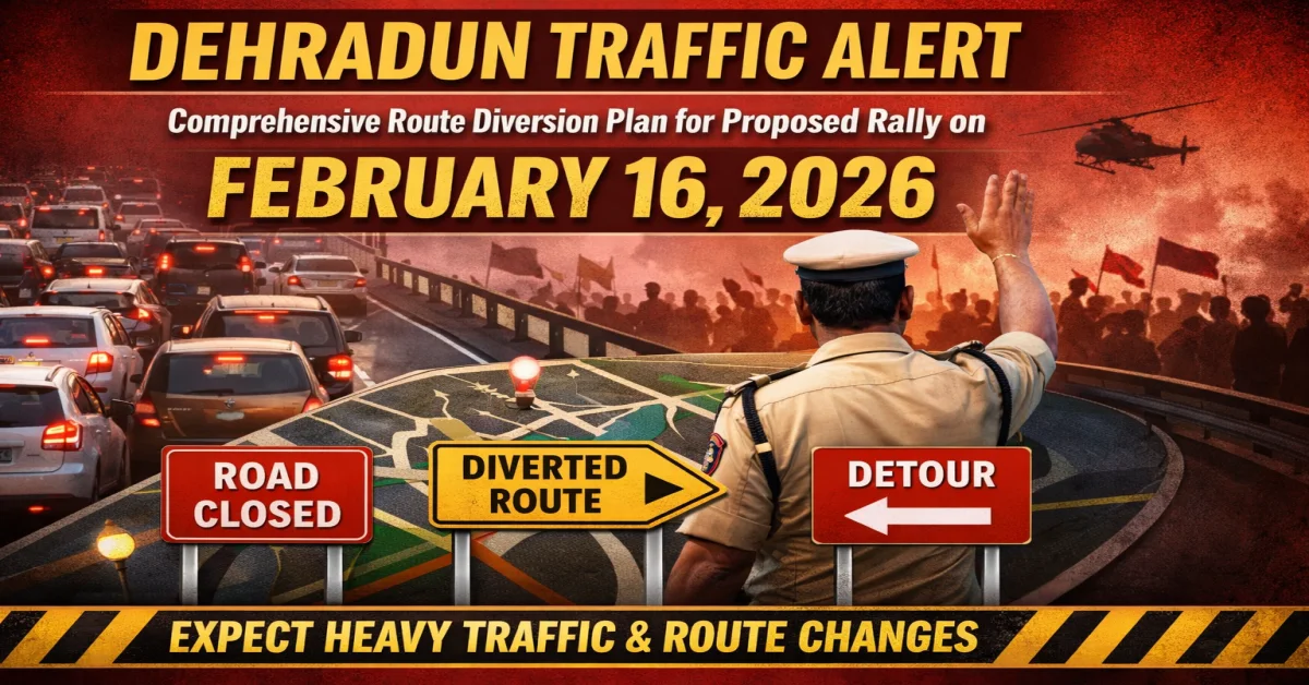 Dehradun traffic alert poster showing route diversion plan for proposed rally on February 16, 2026 with road closed and detour signs, Dehradun traffic update February 2026, Dehradun rally traffic diversion notice