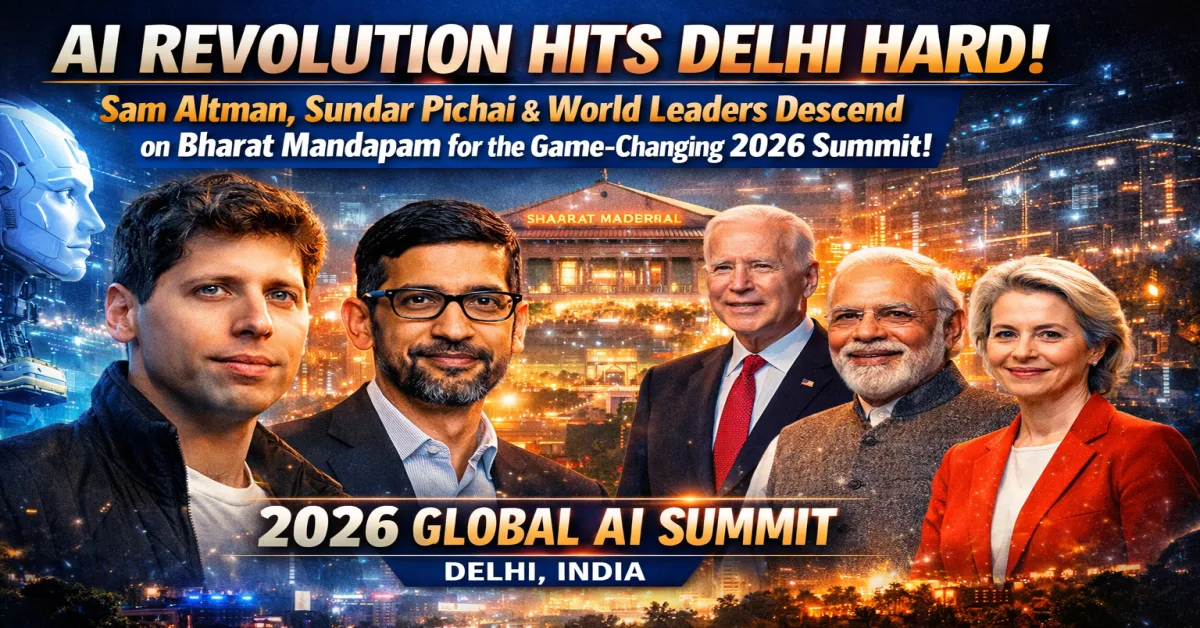 AI Revolution summit banner in Delhi, Sam Altman and Sundar Pichai at Bharat Mandapam, Global AI leaders gathering in India 2026, AI technology conference visual, Future of artificial intelligence India