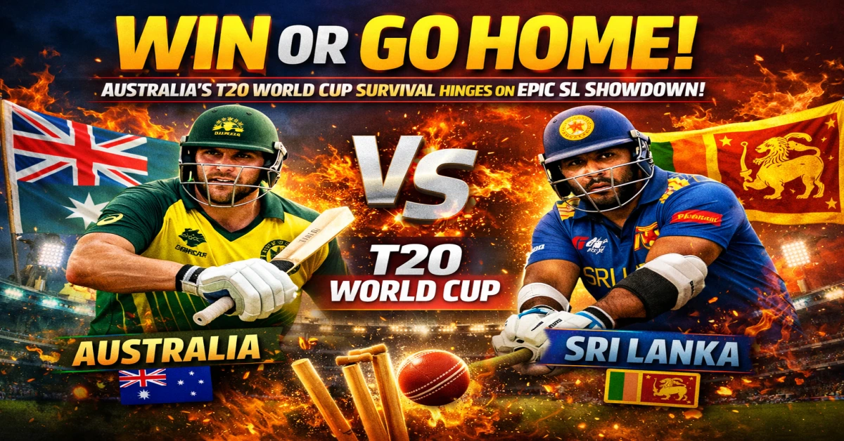 Win or Go Home T20 World Cup match poster featuring Australia vs Sri Lanka with players in action and fiery stadium background