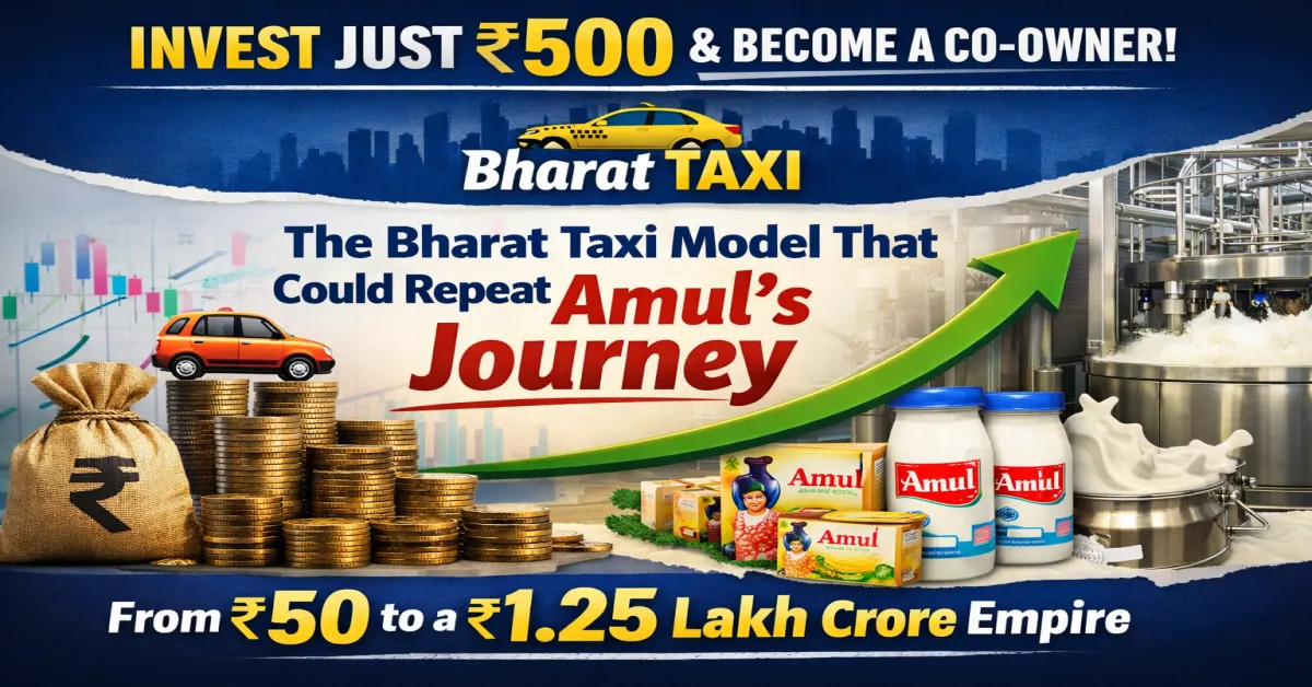 Promotional poster showing Bharat Taxi investment opportunity for ₹500 with growth arrow, coins, taxi icon, and reference to Amul’s journey from ₹50 to ₹1.25 lakh crore empire