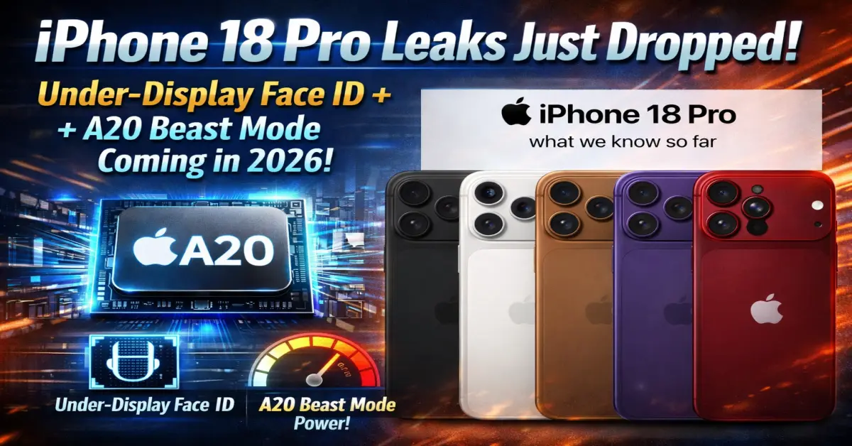 iPhone 18 Pro leak poster showing red model with four cameras, under display Face ID, and A20 chip performance upgrade coming in 2026