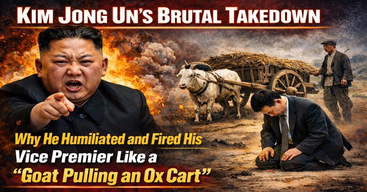 Kim Jong Un angrily pointing during a North Korean meeting as his Vice Premier kneels in humiliation beside a goat pulling an ox cart