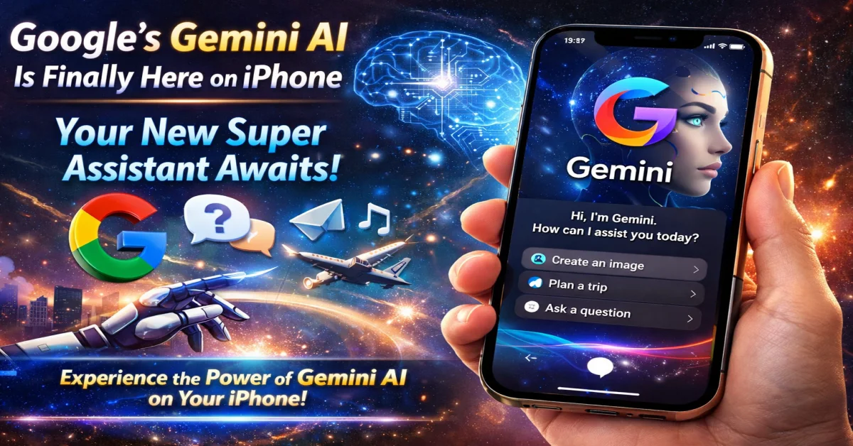 Google Gemini AI on iPhone showing smart assistant features, AI-powered help interface, futuristic Google AI technology on Apple iPhone