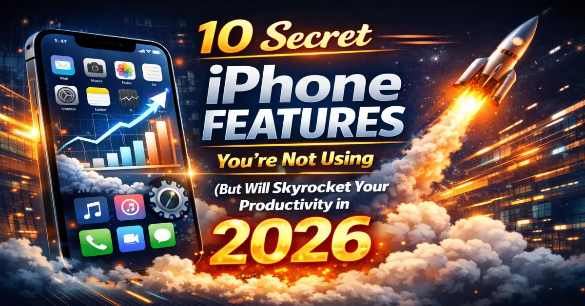 10 secret iPhone features poster showing productivity growth, iPhone screen, rocket launch, and 2026 technology theme