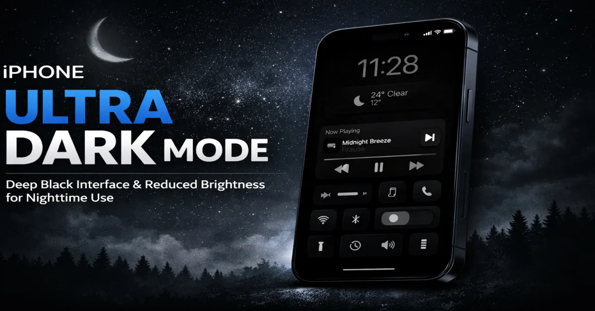 iPhone displaying Ultra Dark Mode with deep black interface and reduced brightness for nighttime use