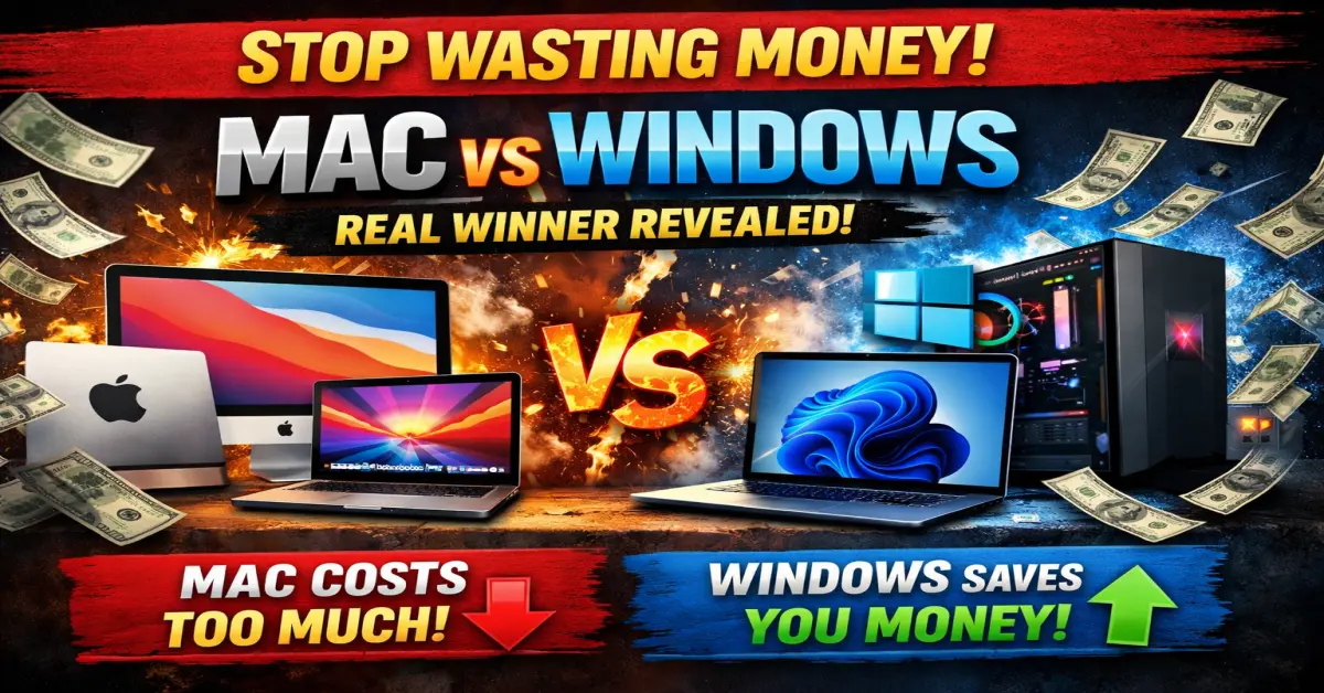 Mac vs Windows comparison poster, Stop wasting money Mac vs Windows, Mac and Windows cost comparison graphic, Windows vs Mac real winner revealed, Mac expensive vs Windows affordable poster