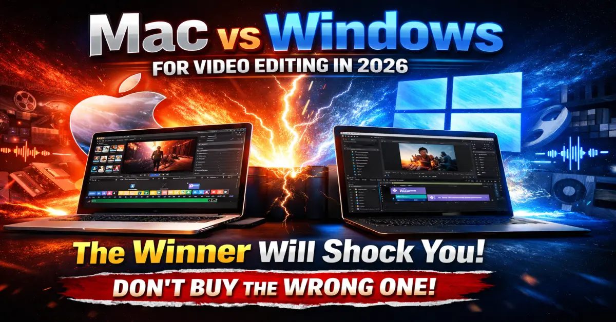 Mac vs Windows for video editing in 2026 comparison poster showing MacBook and Windows laptop with professional video editing software and dramatic lighting