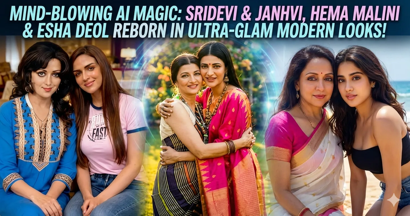 AI-generated collage of Bollywood mother-daughter duos Sridevi and Janhvi Kapoor, Hema Malini and Esha Deol, and Sarika with Shruti Haasan in modern glamorous outfits.