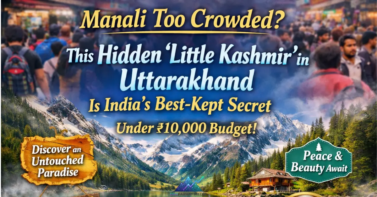 Travel poster showing overcrowded Manali contrasted with a peaceful “Little Kashmir” in Uttarakhand, featuring snow-covered mountains, a serene lake, and wooden cottages. The poster highlights a hidden, peaceful travel destination under ₹10,000 budget and promotes discovering India’s best-kept secret away from tourist crowds.