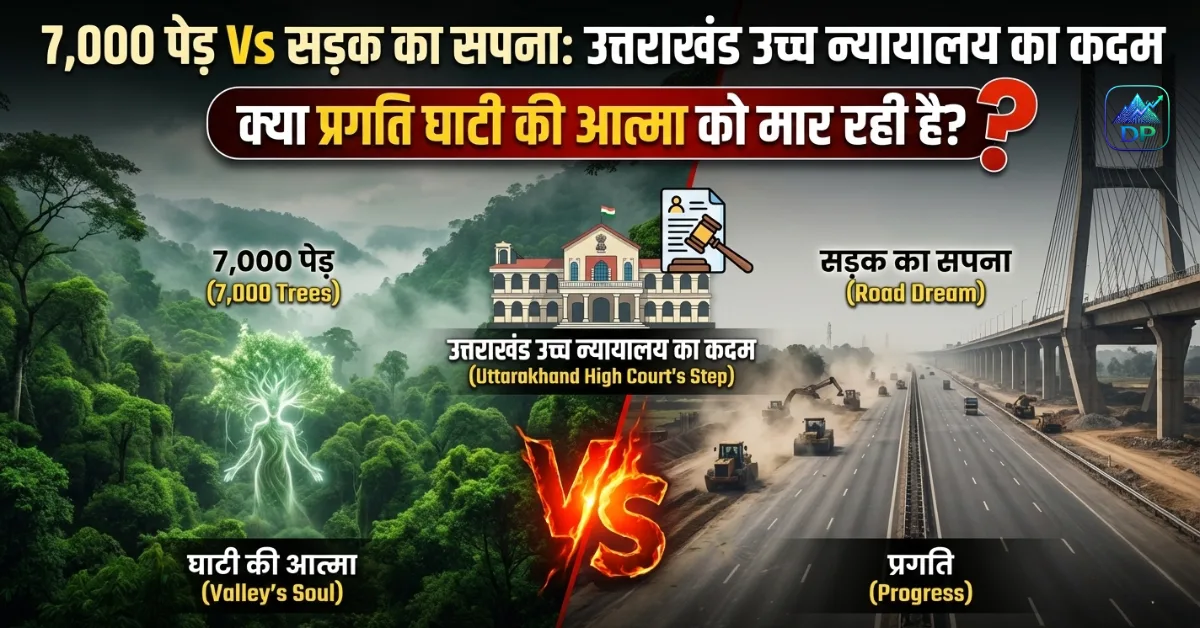 उत्तराखंड उच्च न्यायालय की पृष्ठभूमि में 7,000 पेड़ों की कटाई और सड़क निर्माण को दर्शाता पोस्टर, जिसमें एक ओर कटे हुए पेड़ और बुलडोज़र, दूसरी ओर पहाड़ी सड़क और “Save Trees” का संदेश दिखाया गया है।