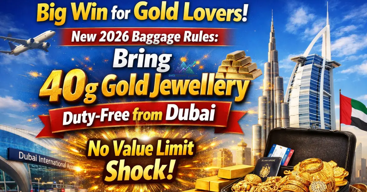 Big win for gold lovers showing Dubai skyline and gold jewellery in a suitcase highlighting new 2026 baggage rules allowing 40 grams of duty-free gold from Dubai