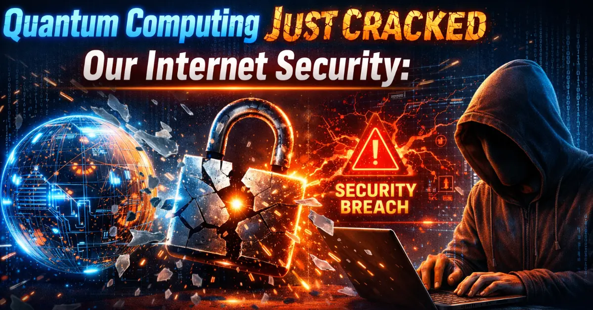 Quantum computing breaking internet security, shattered padlock symbolizing data breach, quantum computer and cybersecurity threat, future encryption risk, online security compromised by quantum technology