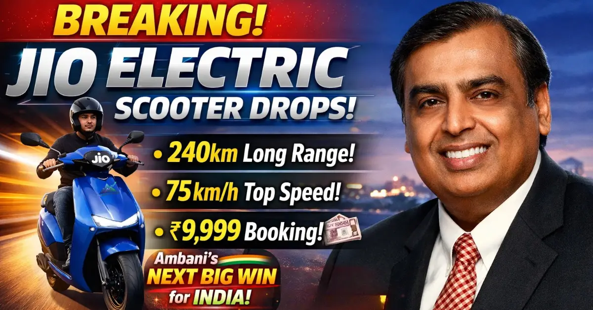 Breaking news poster of Jio Electric Scooter launch featuring Mukesh Ambani, highlighting 240km range, 75km per hour top speed, and ₹9,999 booking price for India.