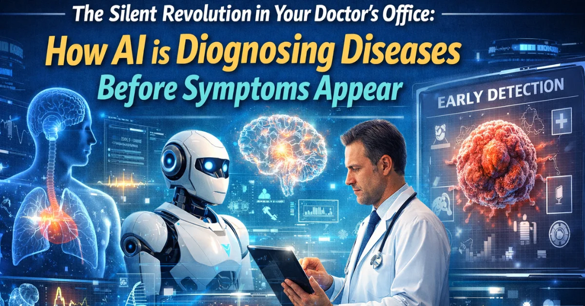 AI diagnosing diseases before symptoms appear, artificial intelligence in healthcare, doctor using AI medical technology, early disease detection with AI, futuristic medical diagnosis system