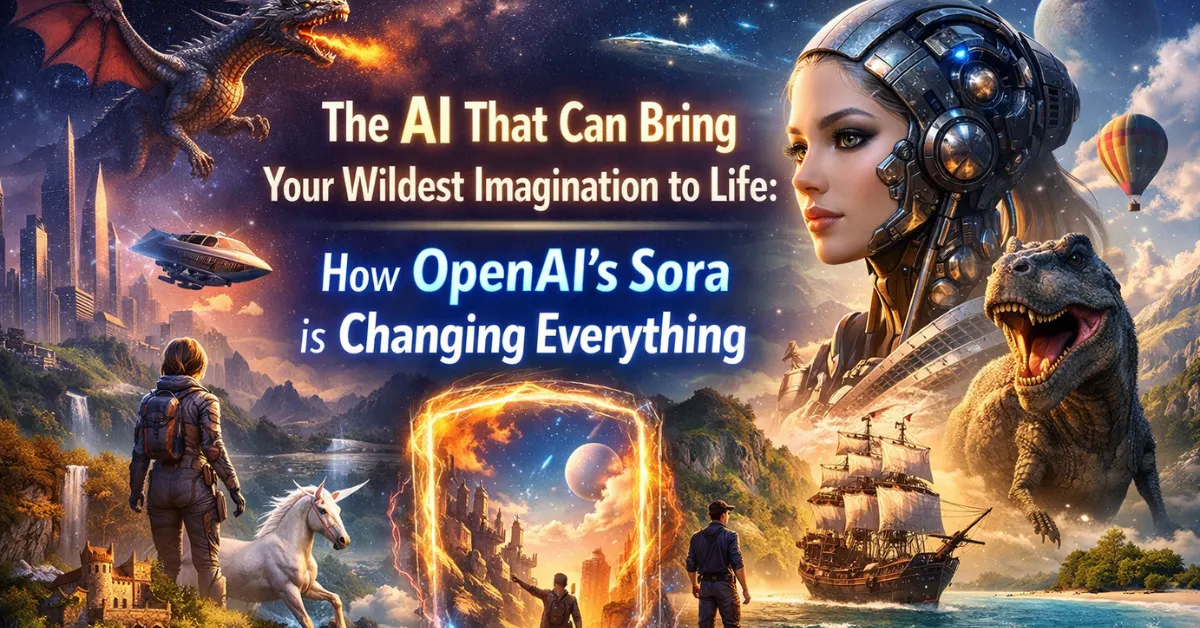 Futuristic AI illustration showing OpenAI Sora transforming imagination into reality with fantasy worlds, dragons, dinosaurs, and cinematic scenes.