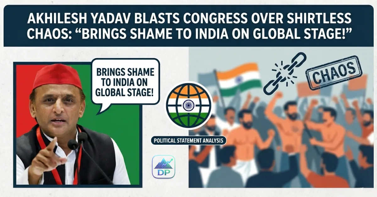 Akhilesh Yadav speaking at podium criticizing Congress over shirtless protest chaos, dramatic political poster with Indian Parliament and media backdrop