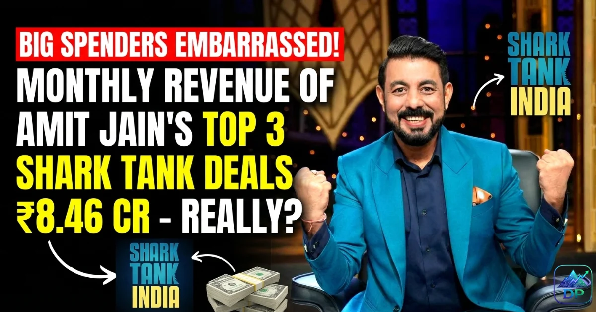 Amit Jain Shark Tank India judge celebrating with text overlay showing monthly revenue of 8.46 Crores for top deals.