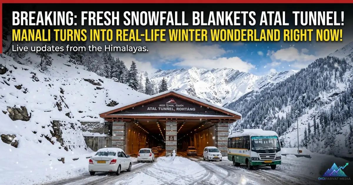 High-resolution view of the Atal Tunnel north portal in Manali covered in fresh white snow with vehicles passing through during the February 2026 winter snowfall.