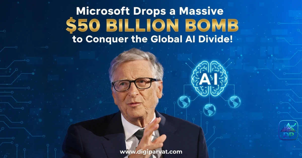 Microsoft $50 billion AI investment announcement banner with futuristic AI robot, exploding digital globe, city skyline, and bold headline about global AI divide
