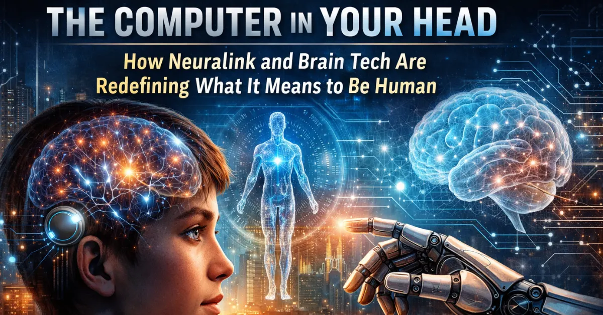 Neuralink brain implant illustration showing human brain connected to artificial intelligence and futuristic technology