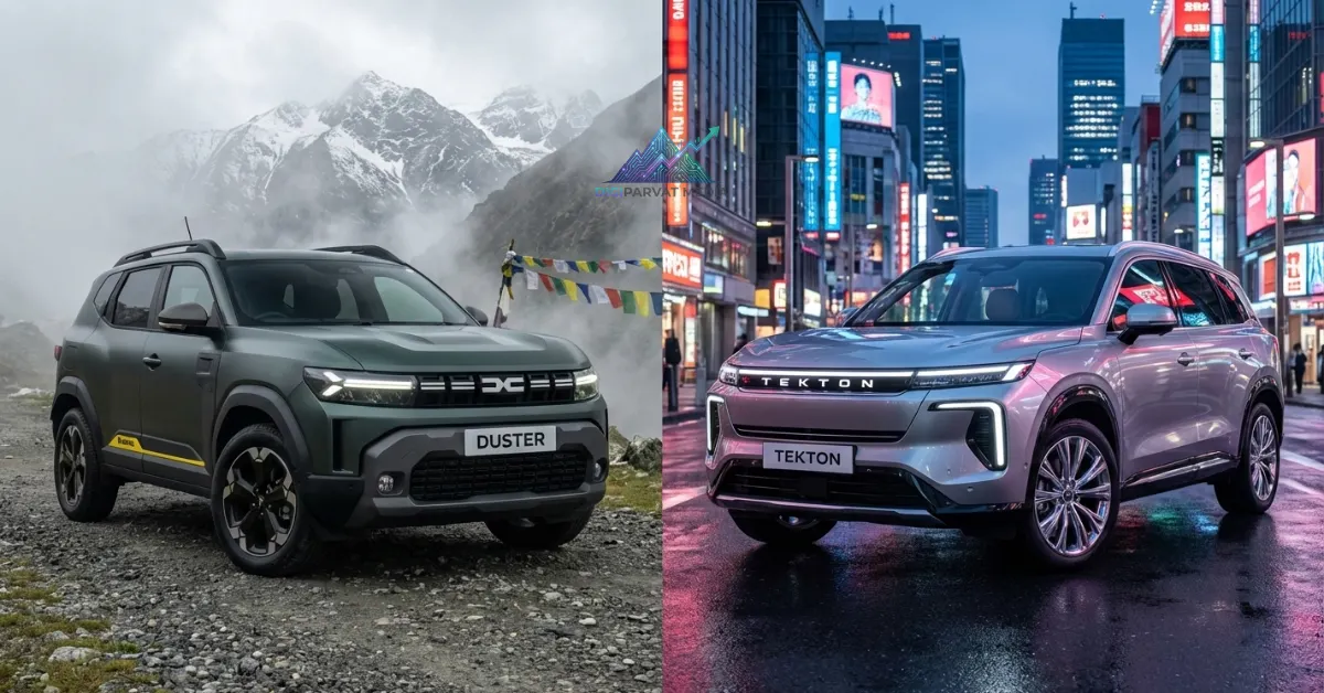 A side-by-side split-screen comparison of a matte Mountain Jade Green 2026 Renault Duster on a misty Himalayan mountain pass and a metallic Samurai Silver Nissan Tekton on a neon-lit Tokyo street.