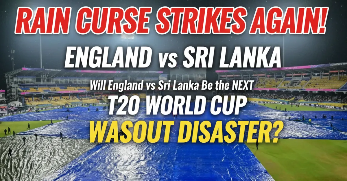 Stormy cricket stadium graphic showing England vs Sri Lanka T20 World Cup match with 87 percent rain chance alert and lightning in background