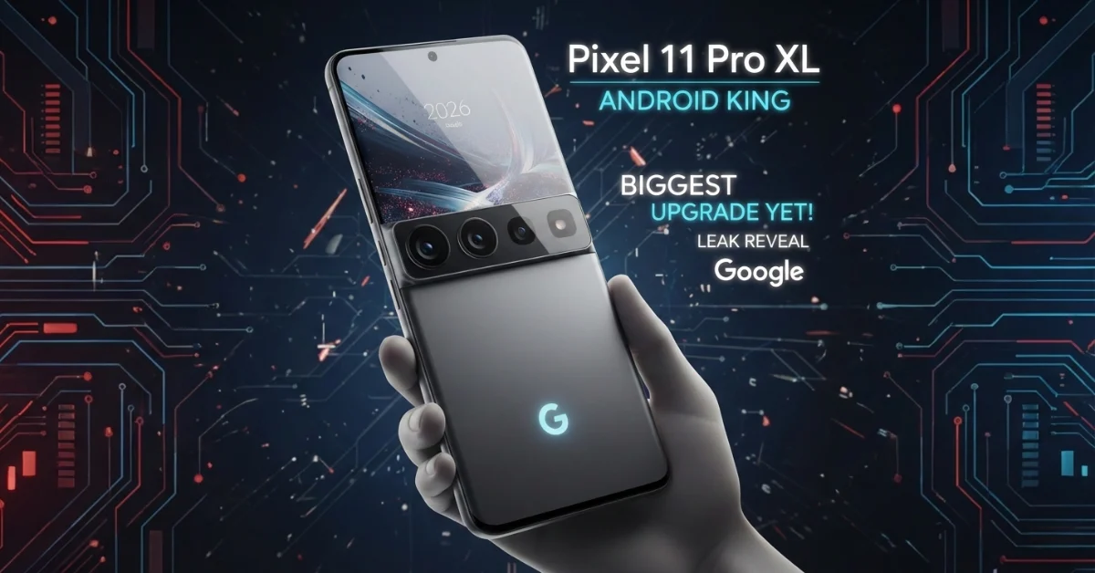 Google Pixel 11 Pro XL smartphone showing redesigned camera bar and futuristic Android interface