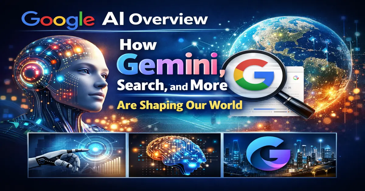 Google AI Overview poster showing Gemini AI, Google Search, artificial intelligence technology, and global digital transformation