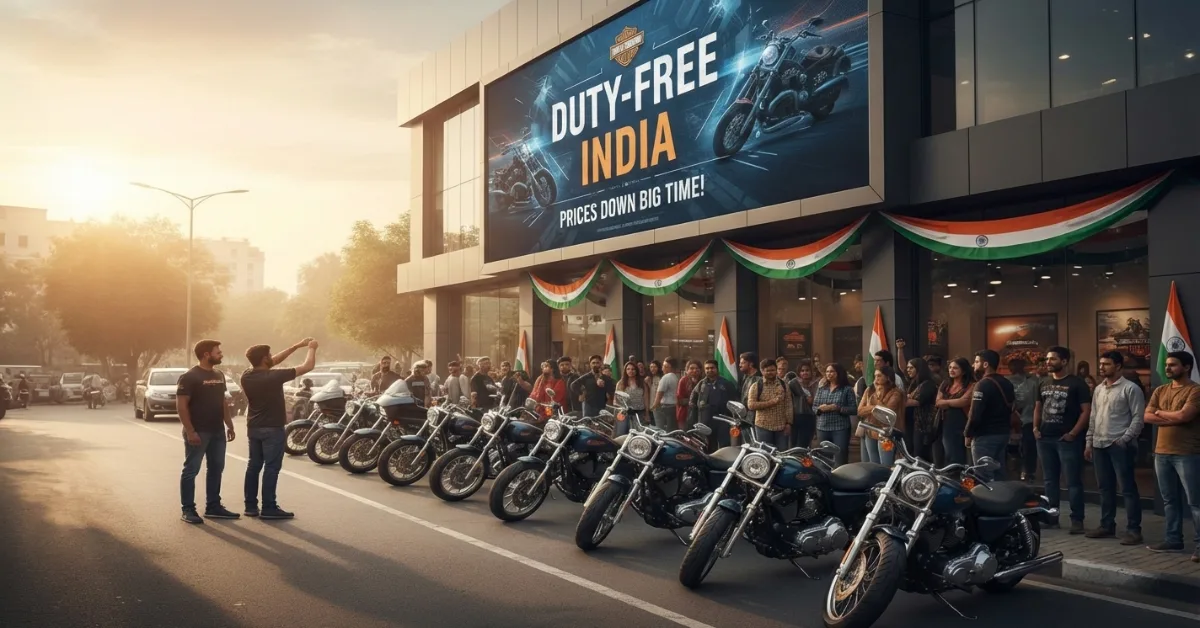 Harley Davidson motorcycles in India going duty free with big price drop announcement, Harley Davidson bikes with India background and price reduction concept, Harley Davidson India duty free news poster