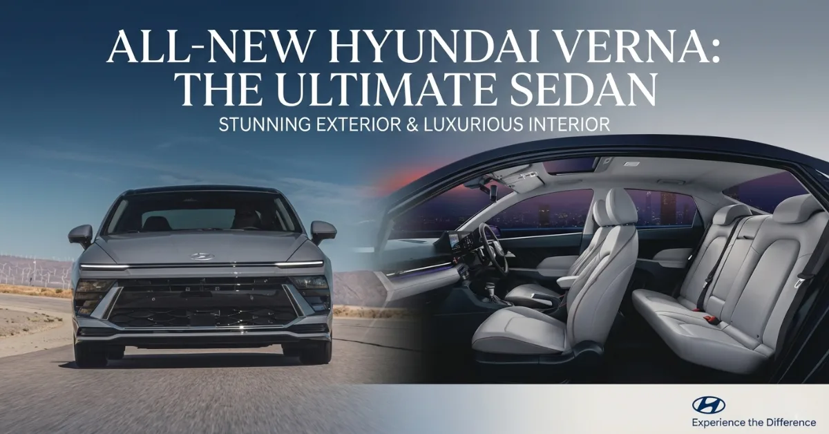 A professional split-screen poster showing the grey exterior front profile of the new Hyundai Verna on the left and a wide-angle view of the spacious white and grey premium cabin on the right.