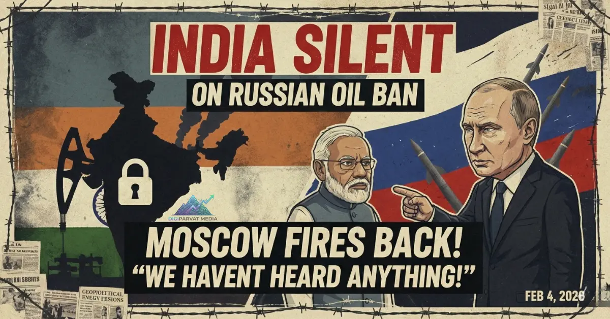 A dramatic political cartoon for a 1200x628 blog header showing Indian PM Narendra Modi looking silent and stoic next to a map of India with an oil pump and a lock icon, while Russian President Vladimir Putin points and fires back with the quote "We haven't heard anything!" against a backdrop of missiles and the Russian flag.
